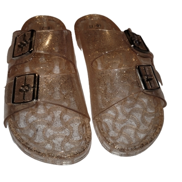 Jelly Sandals womens Slip On Shoes Rose Gold Strap Buckles Glitter 6-7 - Picture 7 of 7